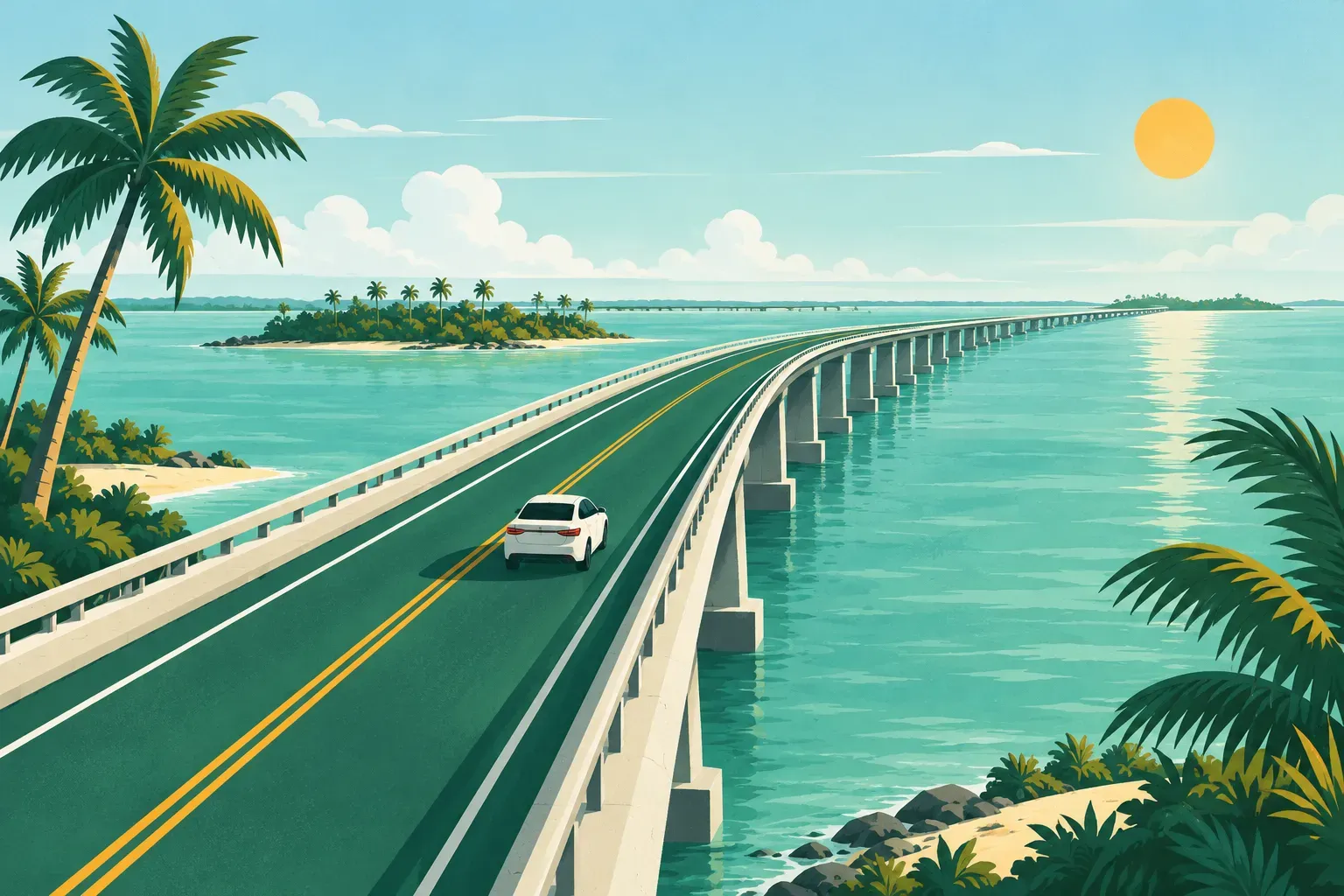 A long bridge highway over turquoise water with palm trees, a typical landscape of Florida