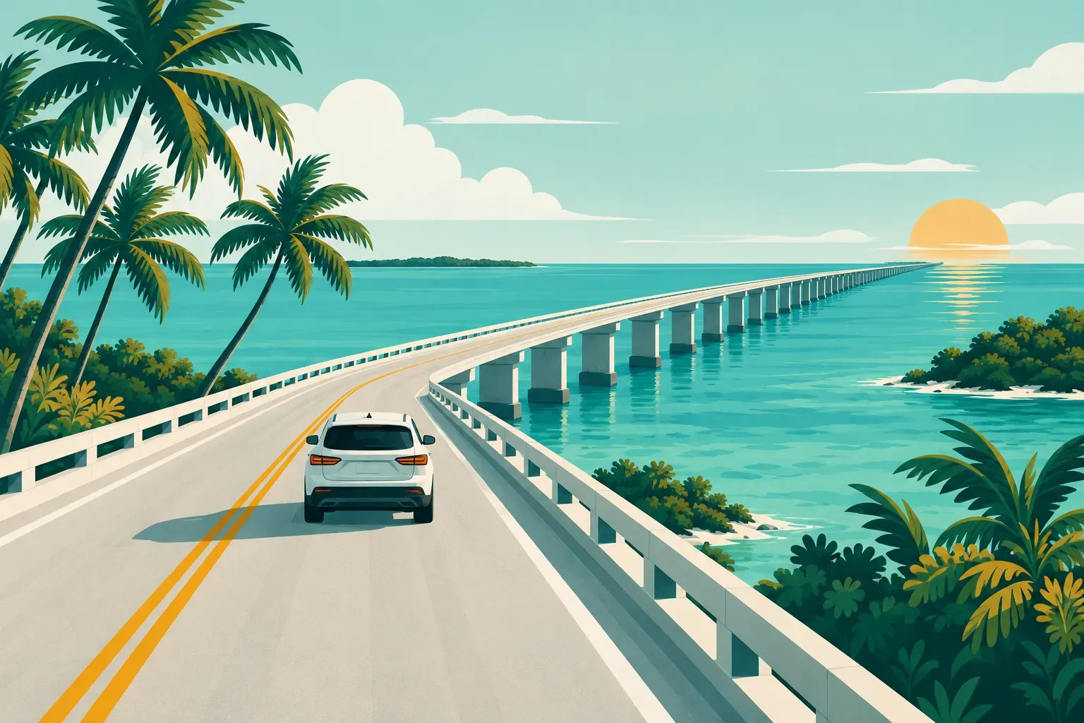 The Seven Mile Bridge crossing turquoise water in the Florida Keys with palm trees, in Florida